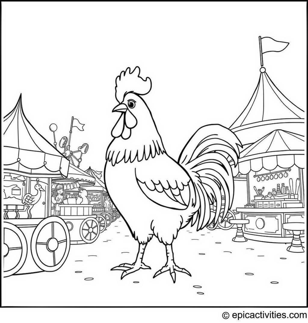 Coloring page of a cute rooster enjoying a carnival