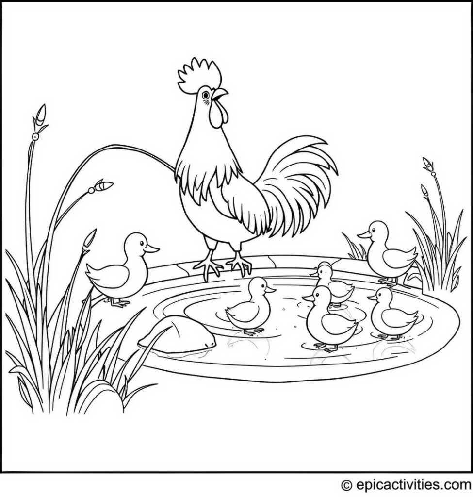 Coloring page of a Cute Rooster Fishing with Ducks