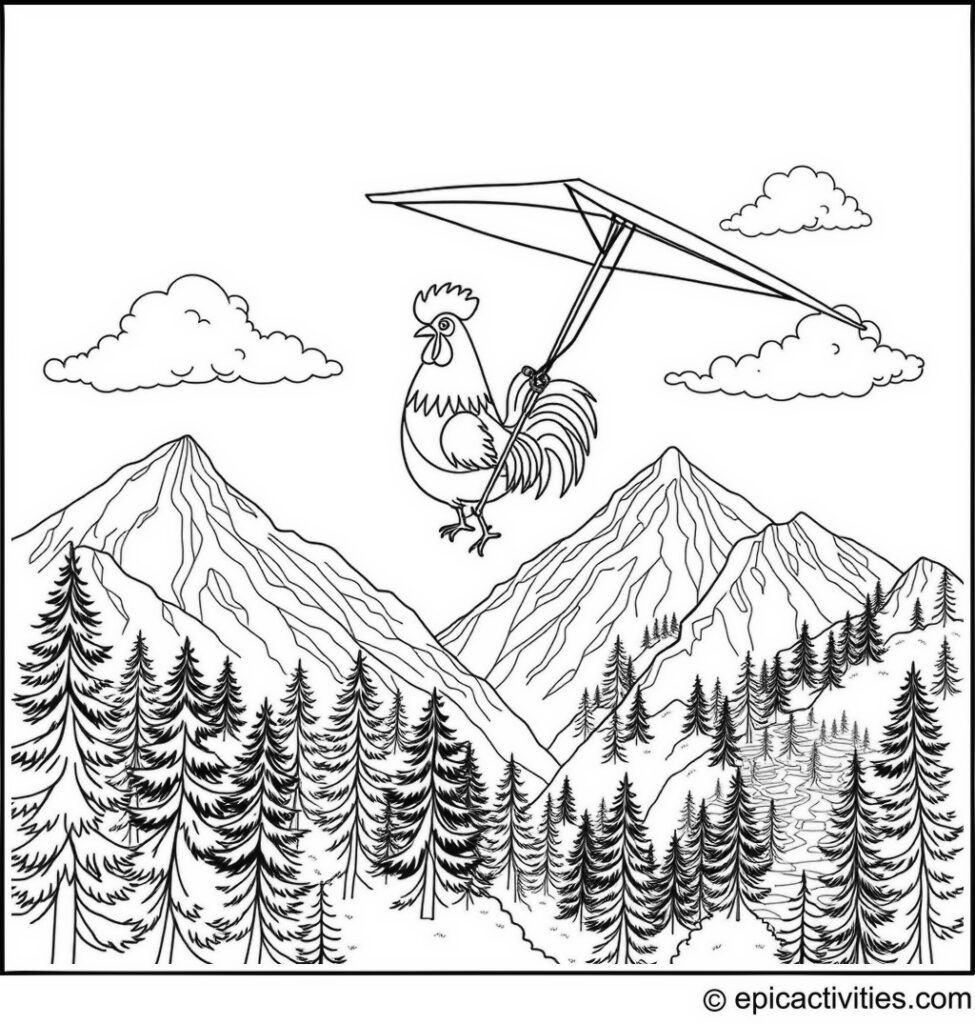 Coloring page of a Cute Rooster Flying a Hang Glider over a Mountain Range