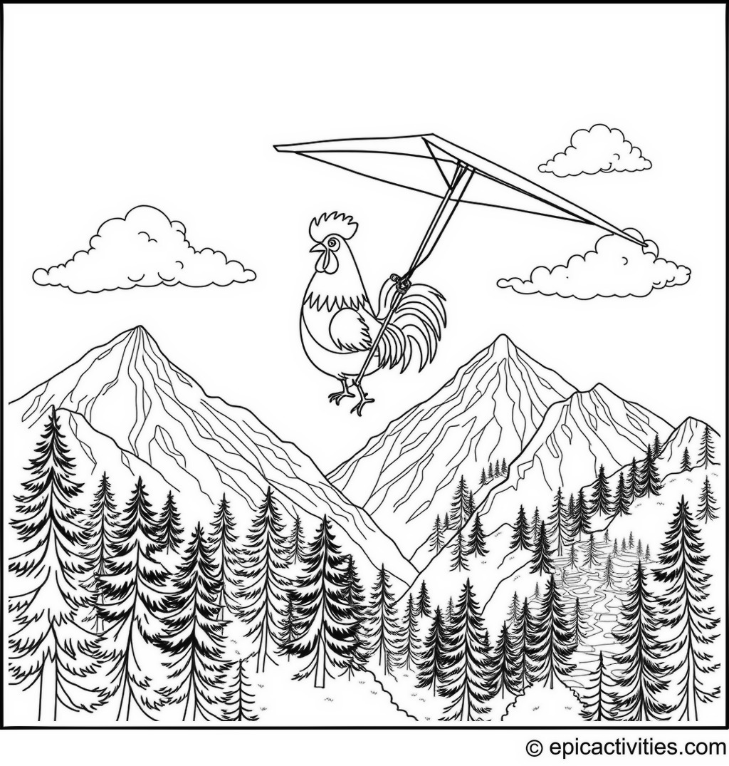 Coloring page of a Cute Rooster Flying a Hang Glider over a Mountain Range