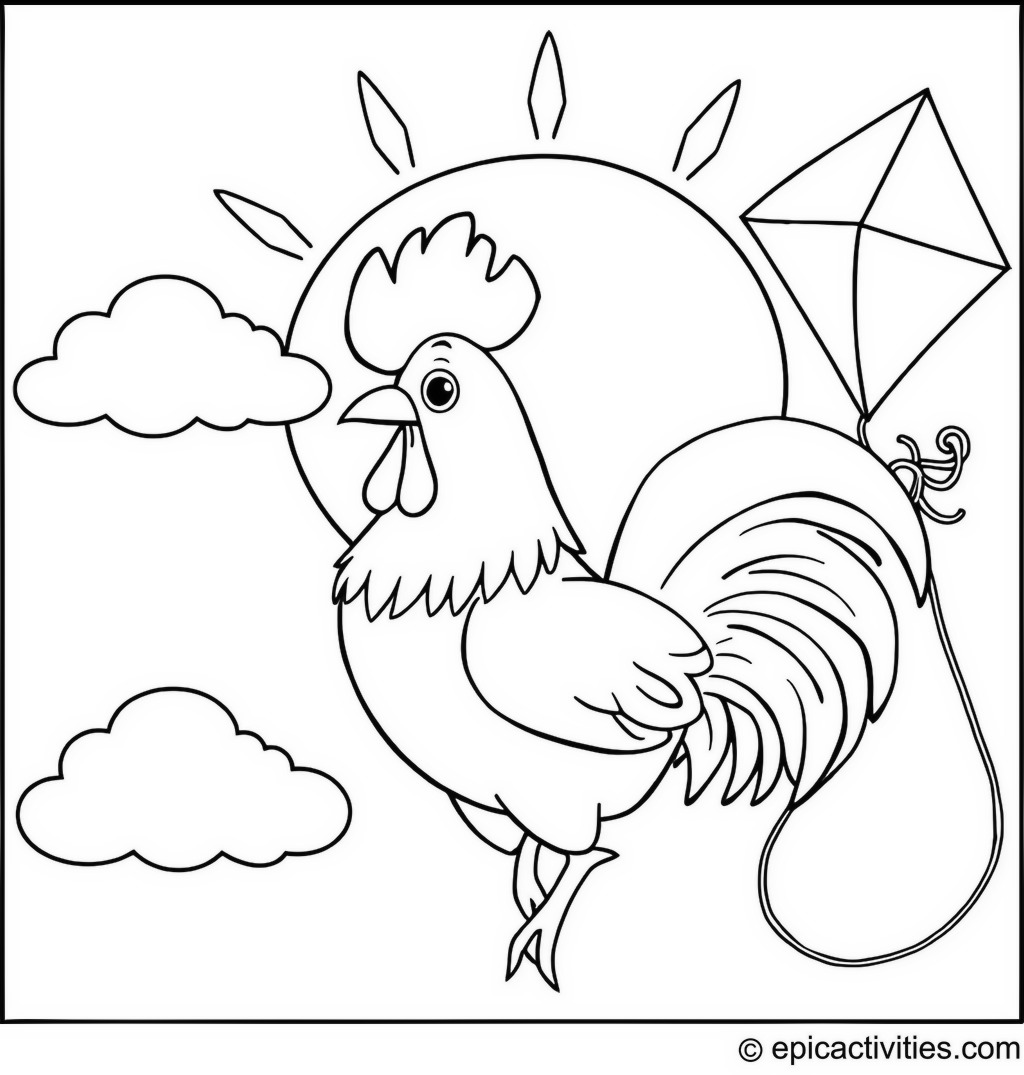 Coloring page of a cute rooster flying a kite in the shape of a sun with happy clouds