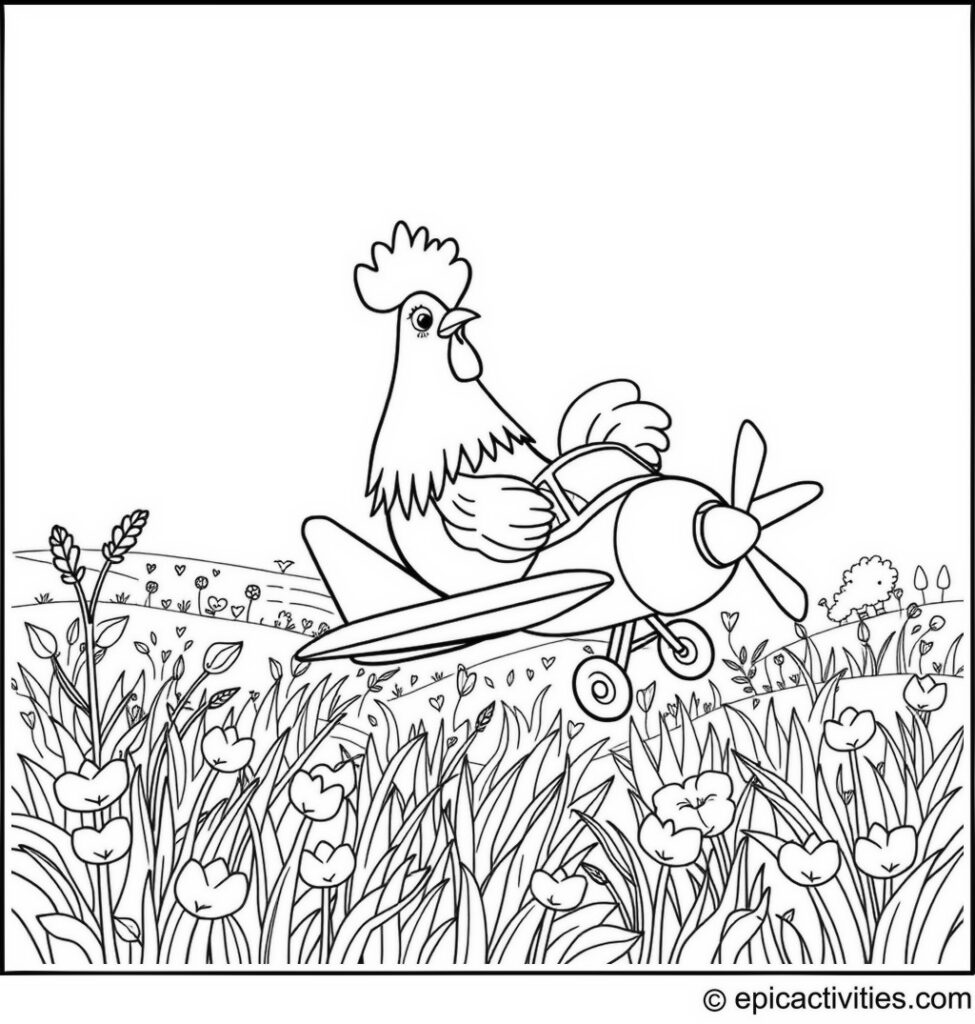Coloring page of a Cute Rooster Flying a Model Airplane in a Whimsical Field