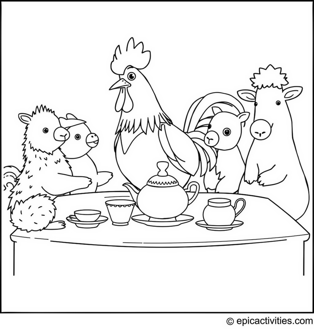 Coloring page of a cute rooster hosting a tea party for farm animals with minimalist tea set decor