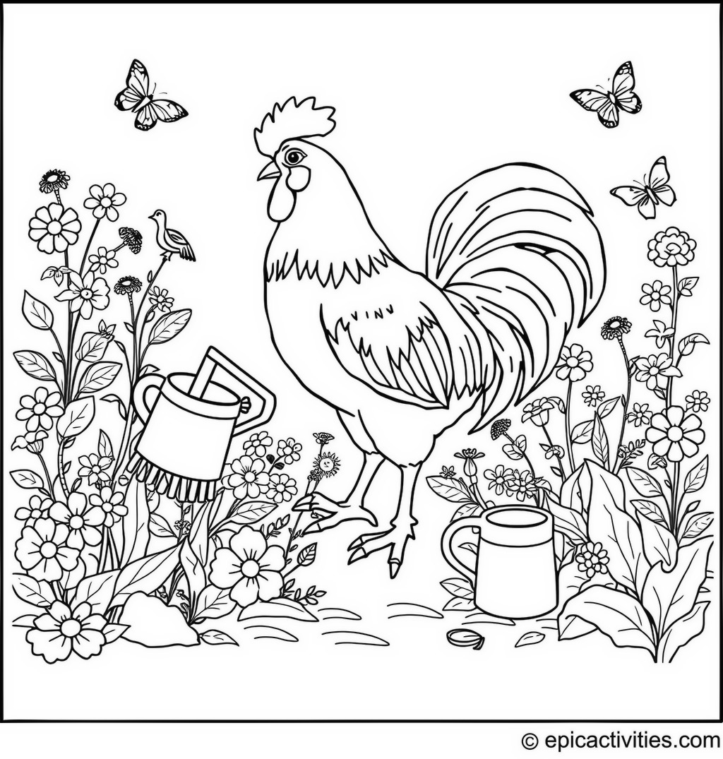 Coloring page of a Cute Rooster in a Flower Garden