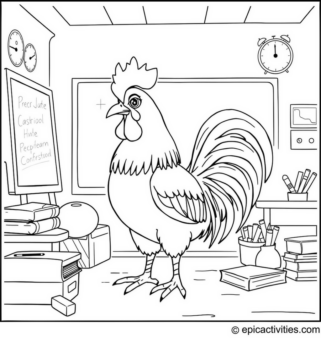 Coloring page of a Cute Rooster in a School Setting
