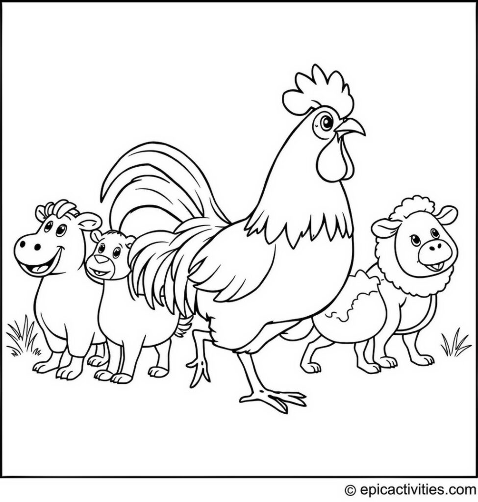 Coloring page of a cute rooster leading a parade of colorful, cartoon-style farm animals