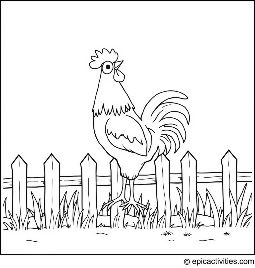 Coloring page of a Cute Rooster on a Rainbow-Colored Fence at Sunrise