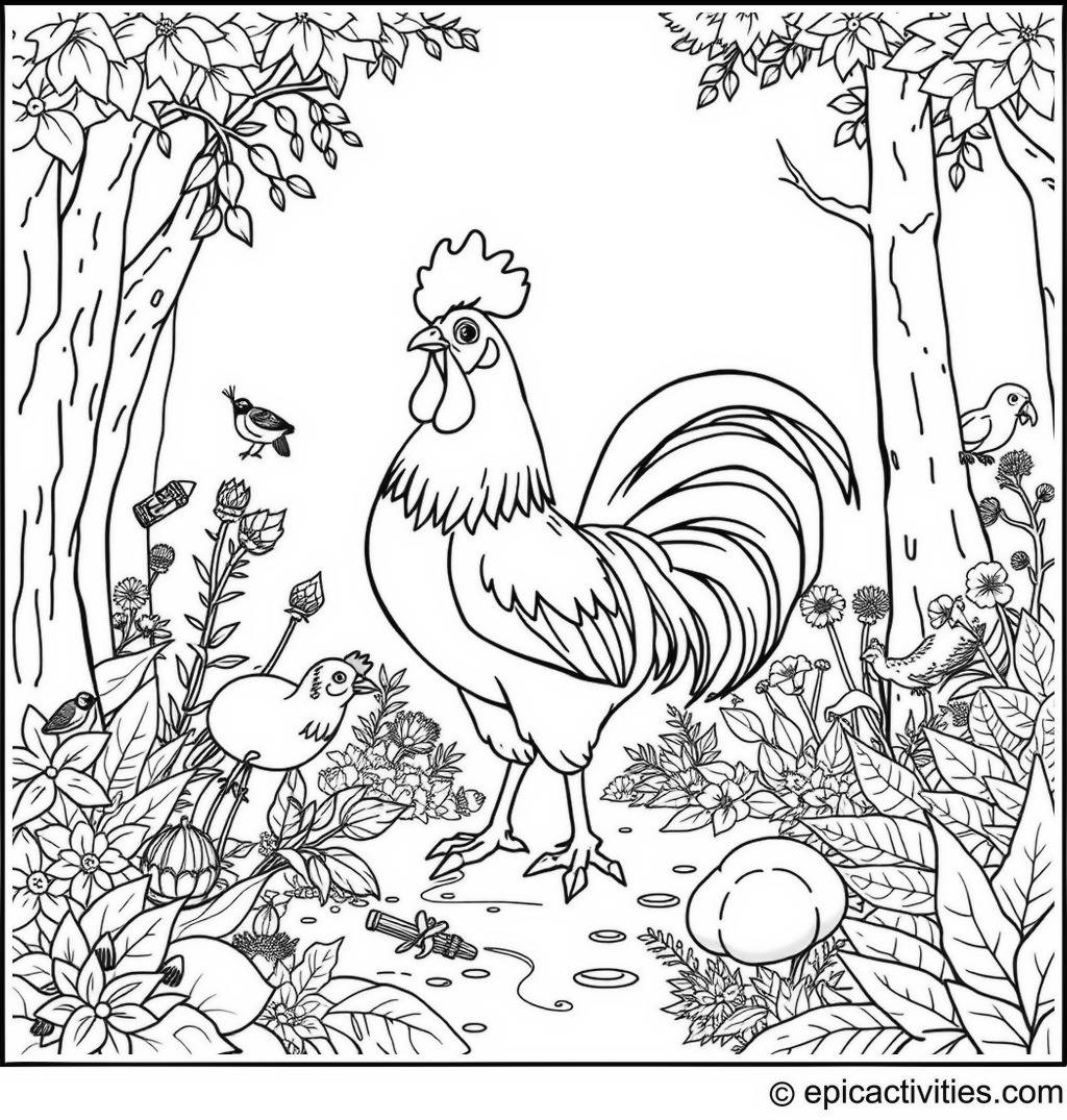 Coloring page of a Cute Rooster on a Scavenger Hunt in a Forest