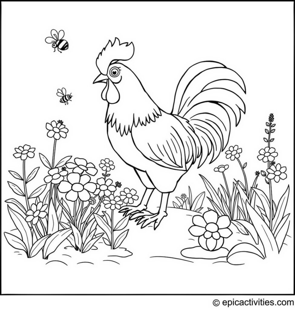 Coloring page of a cute rooster planting flowers in a garden with buzzing bees