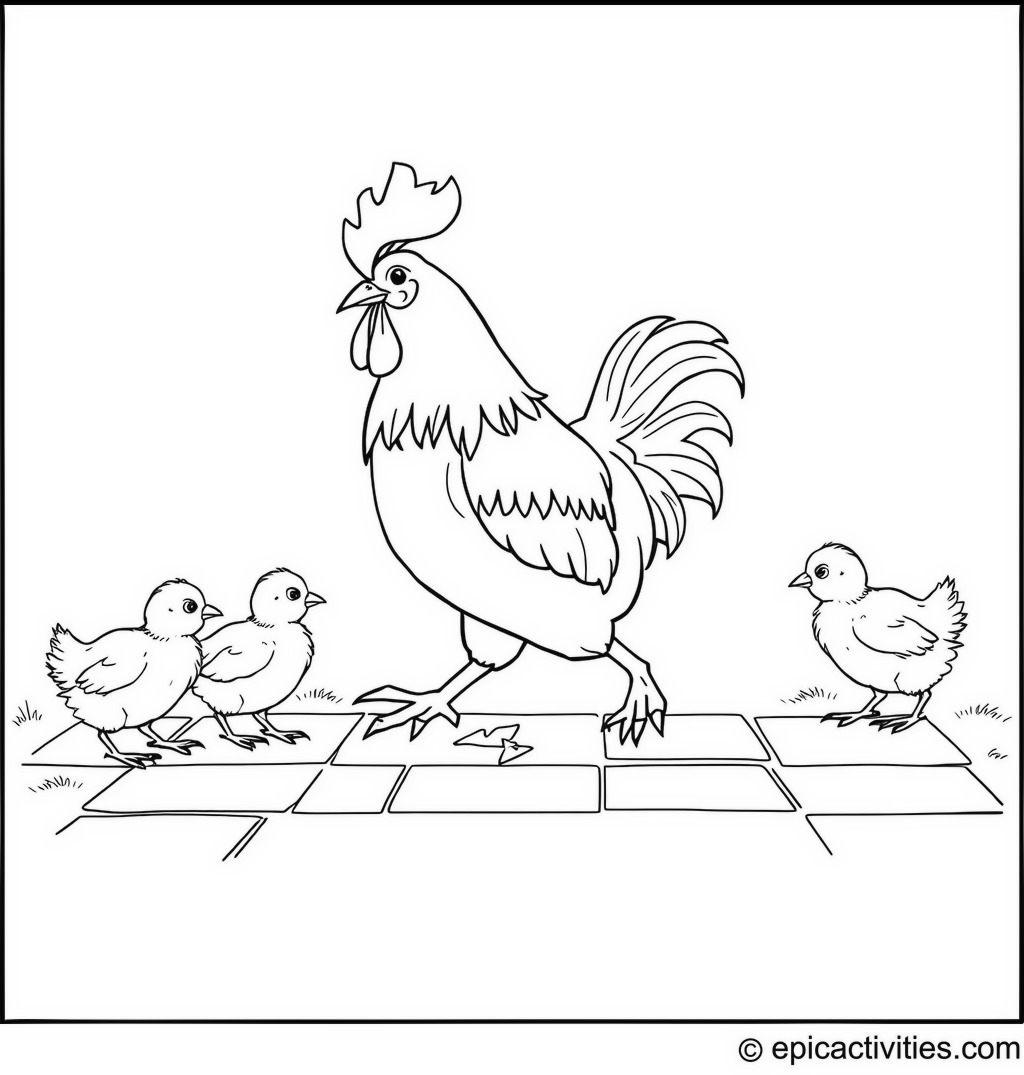 Coloring page of a Cute Rooster Playing Hopscotch with Baby Chicks