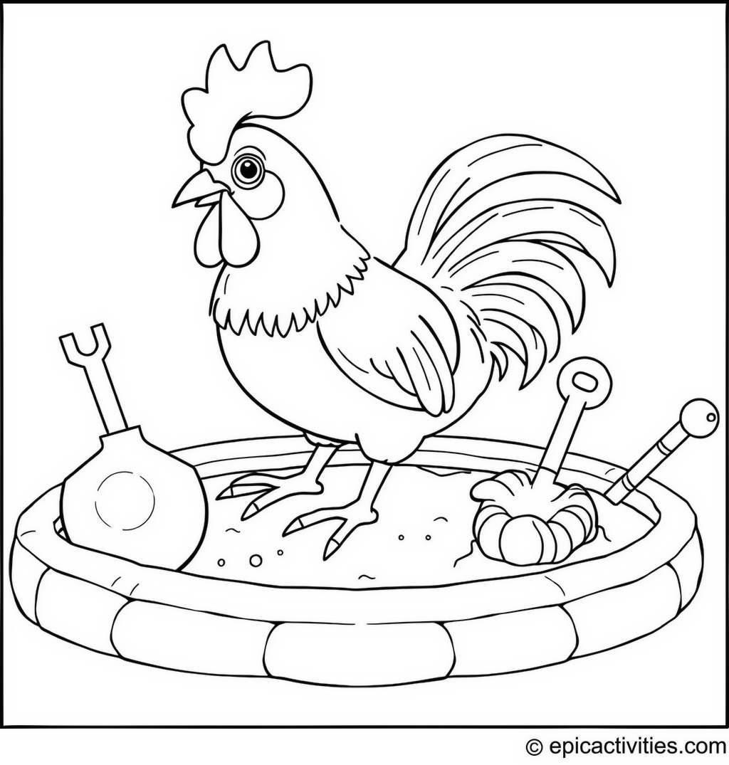 Coloring page of a Cute Rooster Playing in a Sandbox with Beach Toys