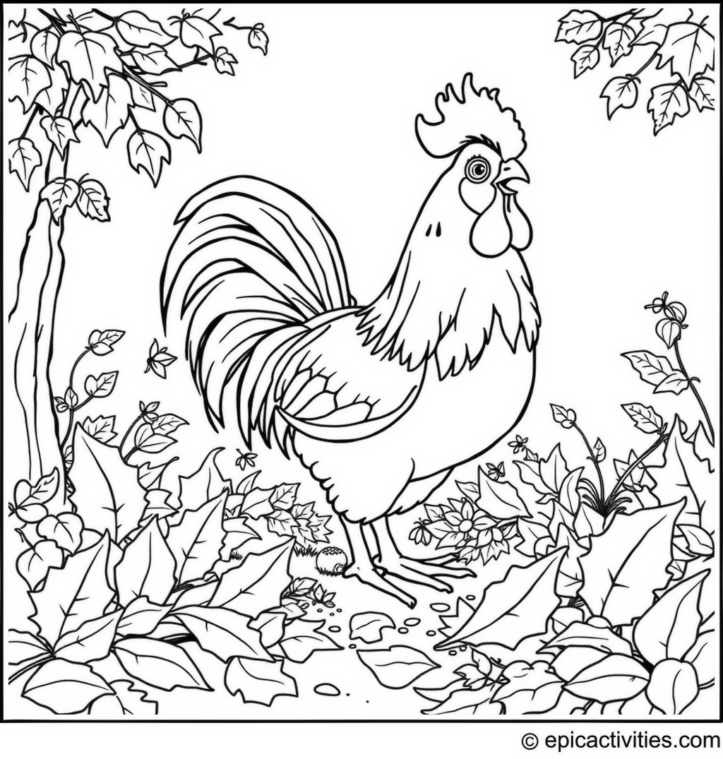 Coloring page of a Cute Rooster Playing in Fall Leaves with an Autumn-Themed Backdrop