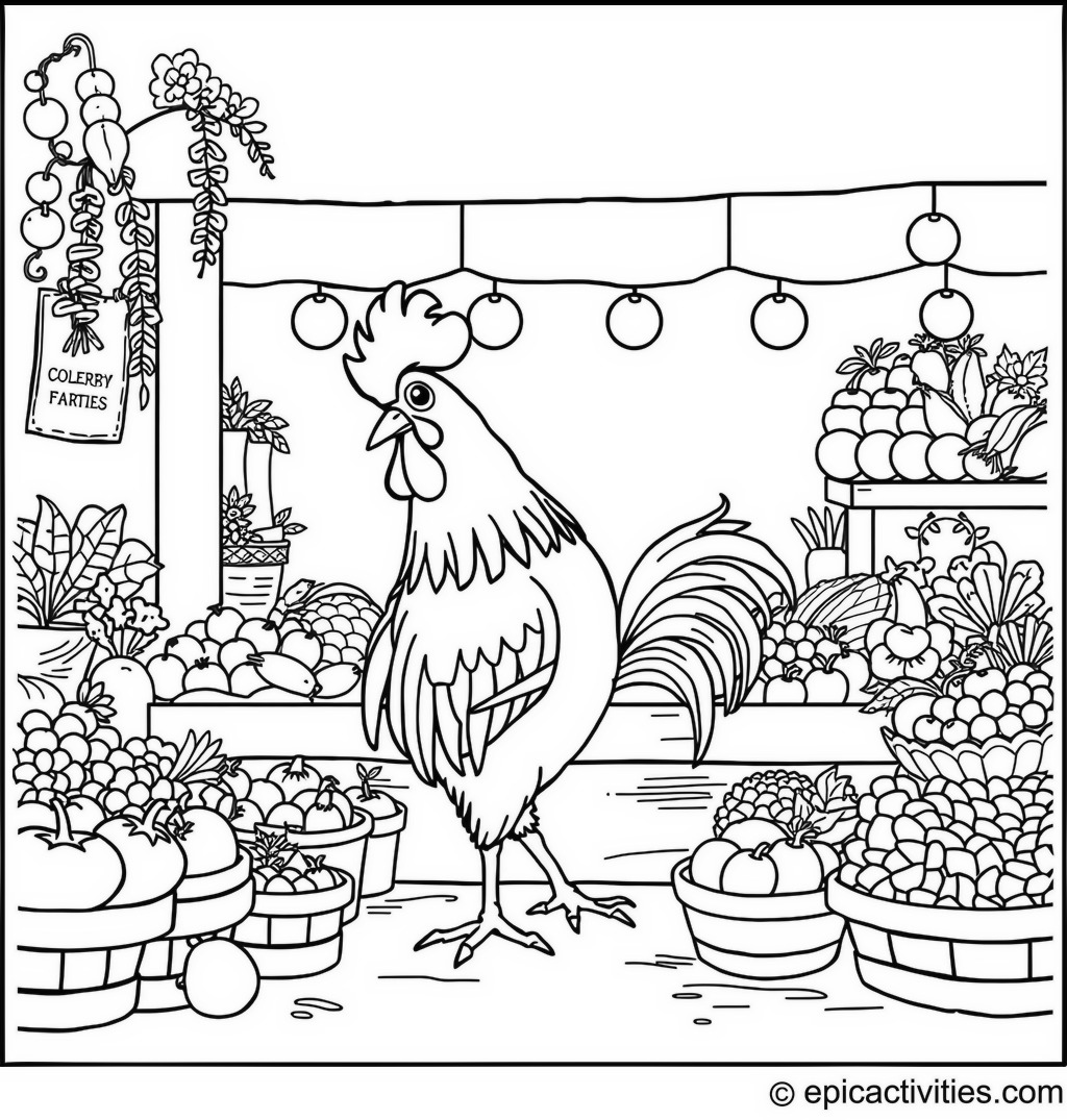 Coloring page of a Cute Rooster Running a Farm Stand at a Market