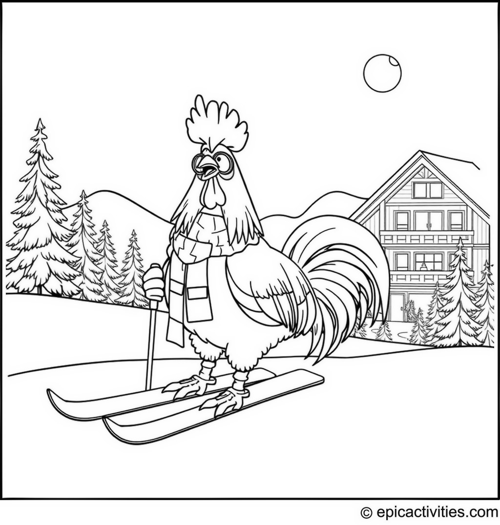 Coloring page of a Cute Rooster Skiing in Winter