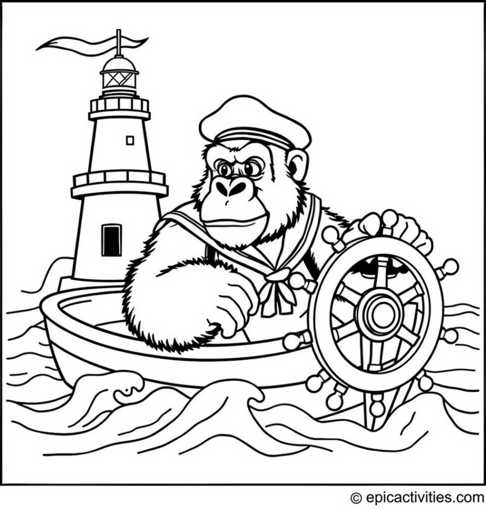 Coloring page of a Cute Sailor Gorilla Steering a Boat