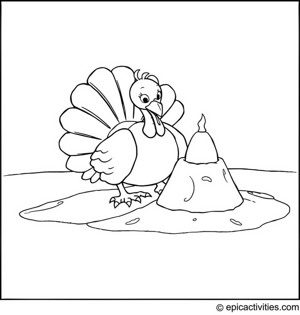 Coloring page of a Cute Turkey Building a Sandcastle on the Beach