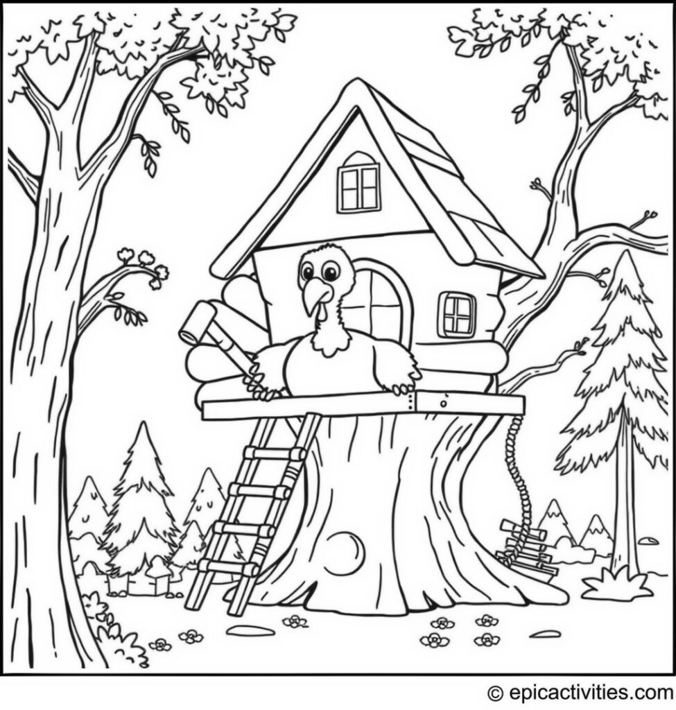 Coloring page of a cute turkey building a treehouse