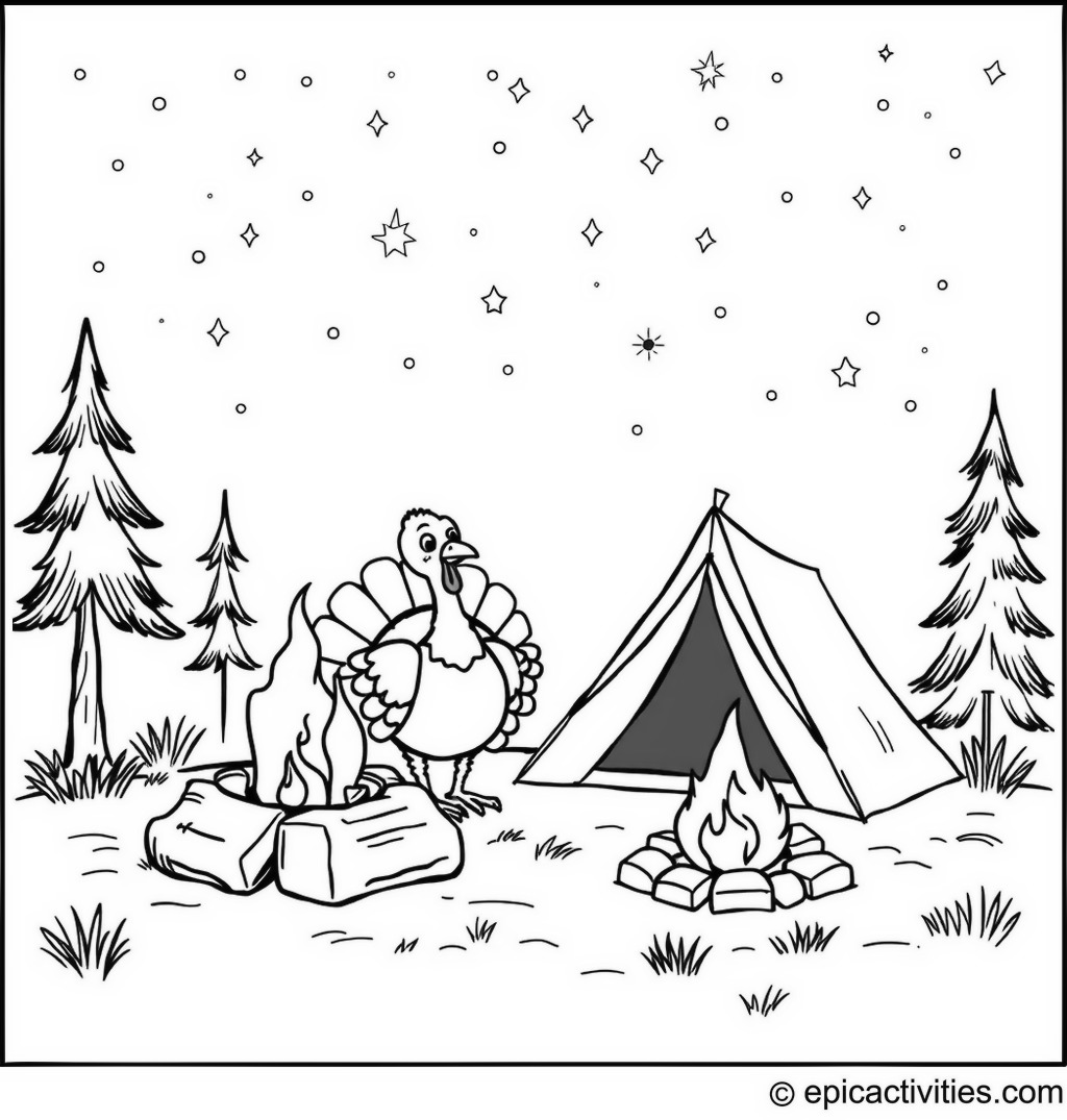 Coloring page of a cute turkey camping under the stars with a tent and a campfire