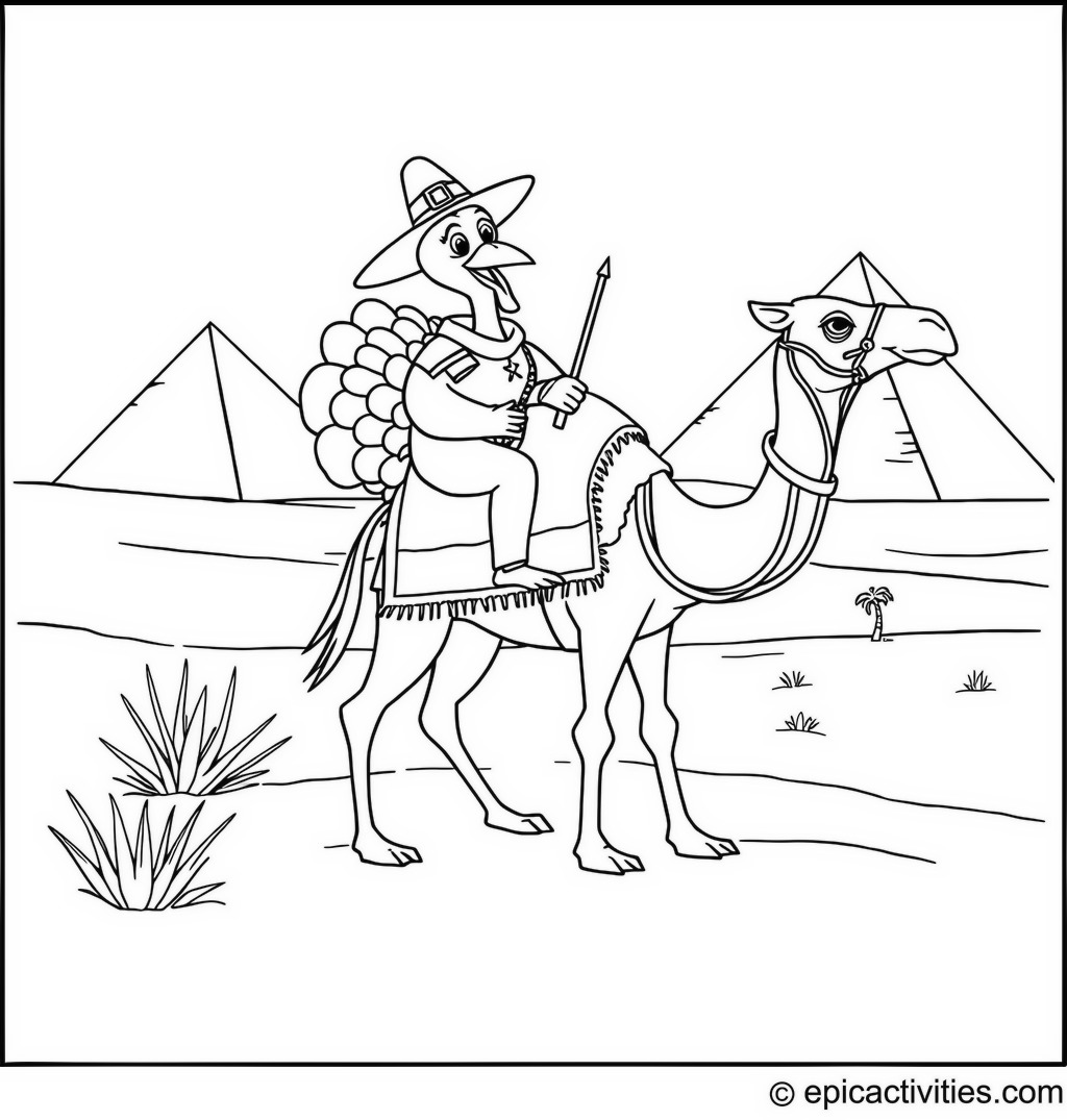 Coloring page of a cute turkey explorer riding a camel in the desert