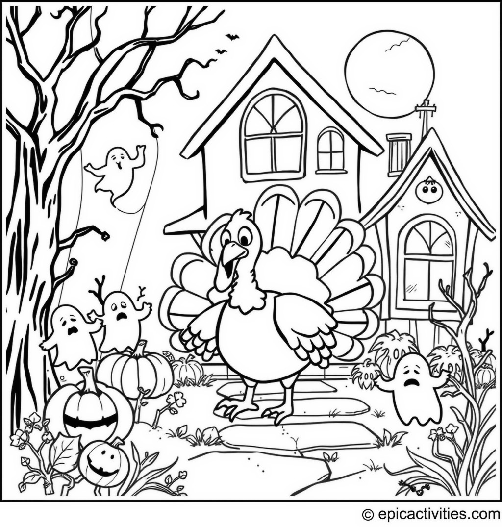 Coloring page of a cute turkey exploring a haunted house with friendly ghosts and cobwebs