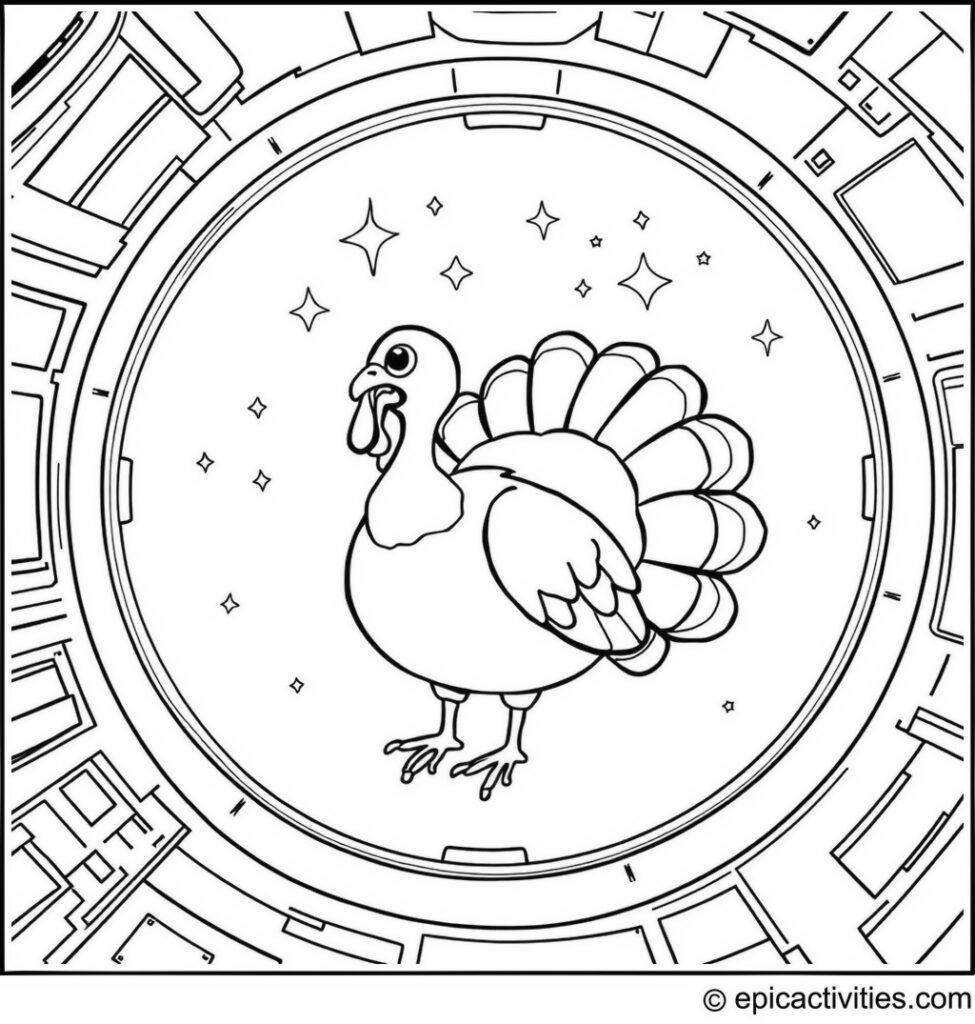 Coloring page of a Cute Turkey Floating in Zero Gravity at a Space Station