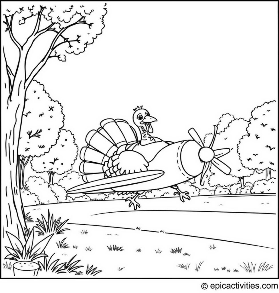 Coloring page of a cute turkey flying a model airplane in a park