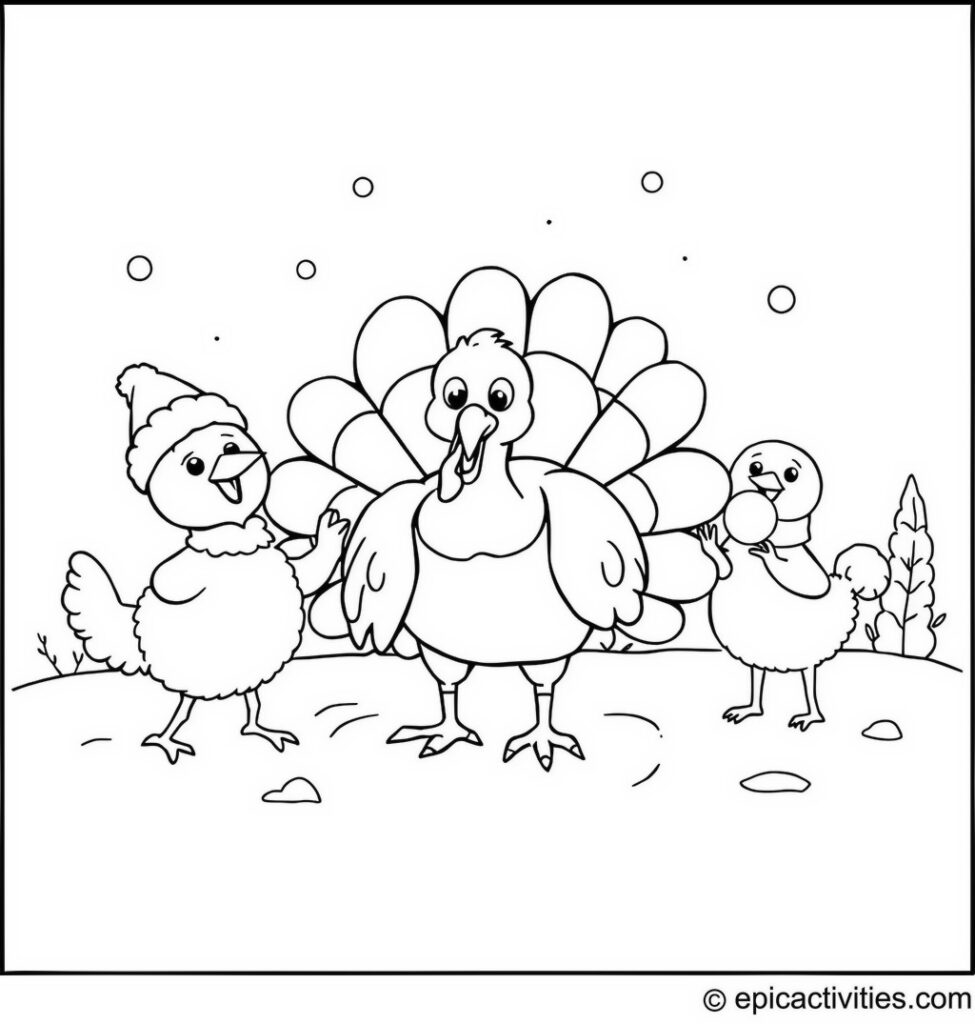 Coloring page of a Cute Turkey Having a Snowball Fight