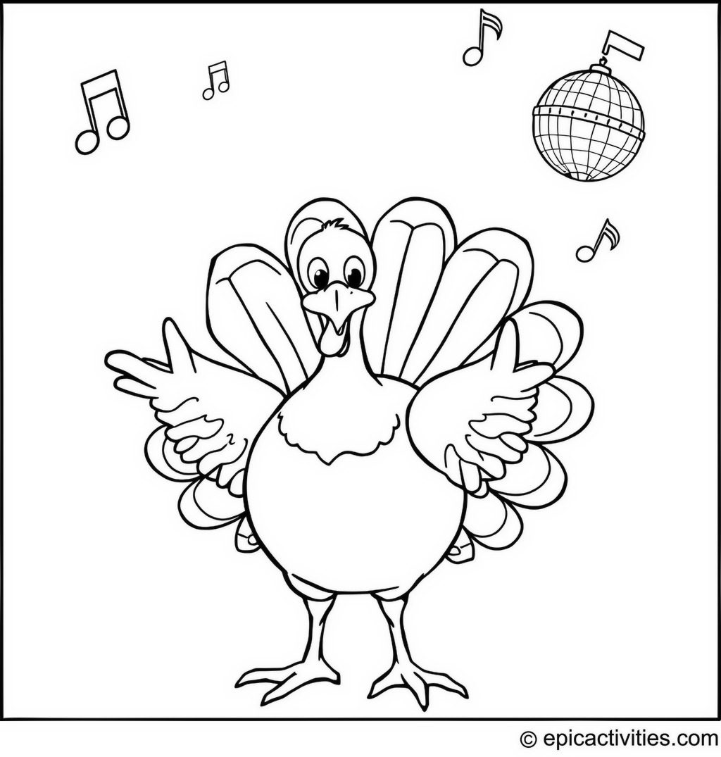 Coloring page of a cute turkey hosting a dance party with a disco ball and music notes