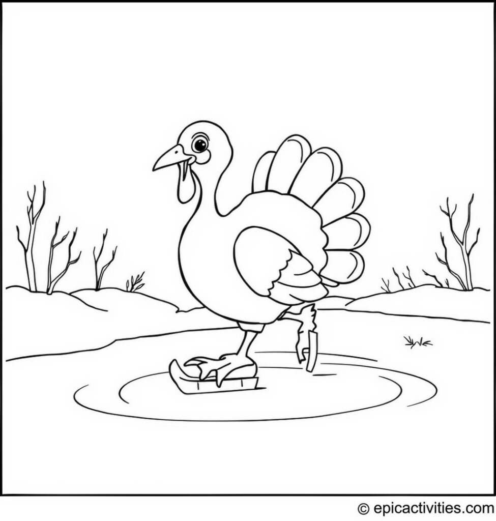Coloring page of a cute turkey ice skating on a frozen pond