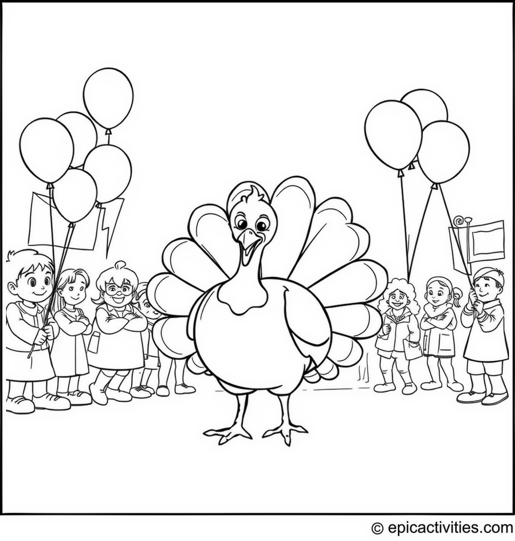 Coloring page of a Cute Turkey Leading a Parade