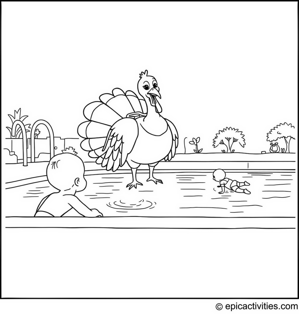 Coloring page of a Cute Turkey Lifeguard at the Pool