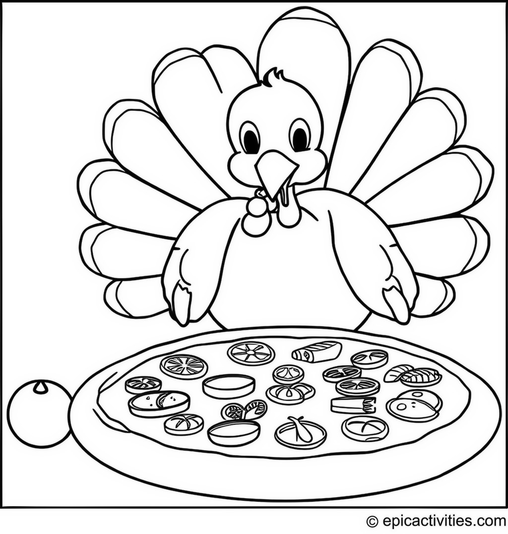 Coloring page of a Cute Turkey Making a Pizza with Lots of Toppings