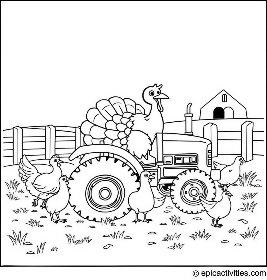 Coloring page of a Cute Turkey on a Farm with Chickens and a Tractor