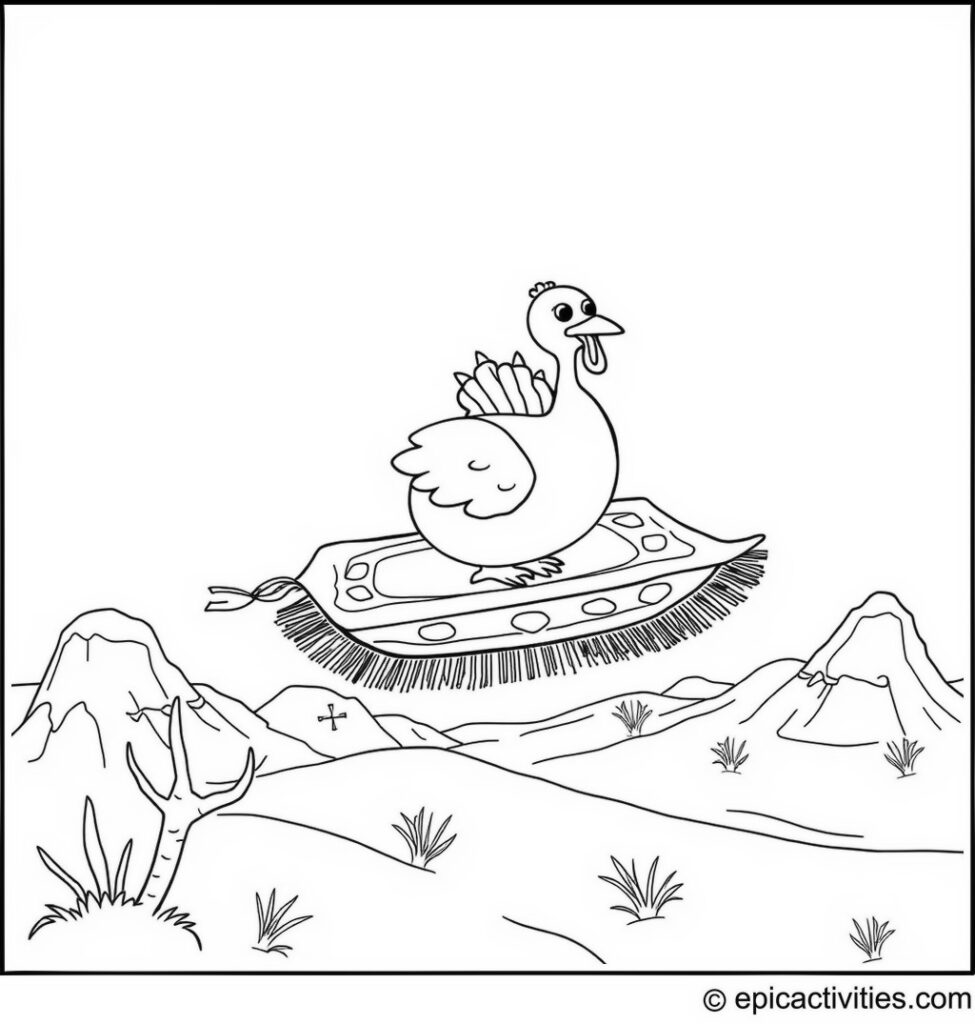 Coloring page of a Cute Turkey on a Flying Carpet Soaring Over a Desert Landscape