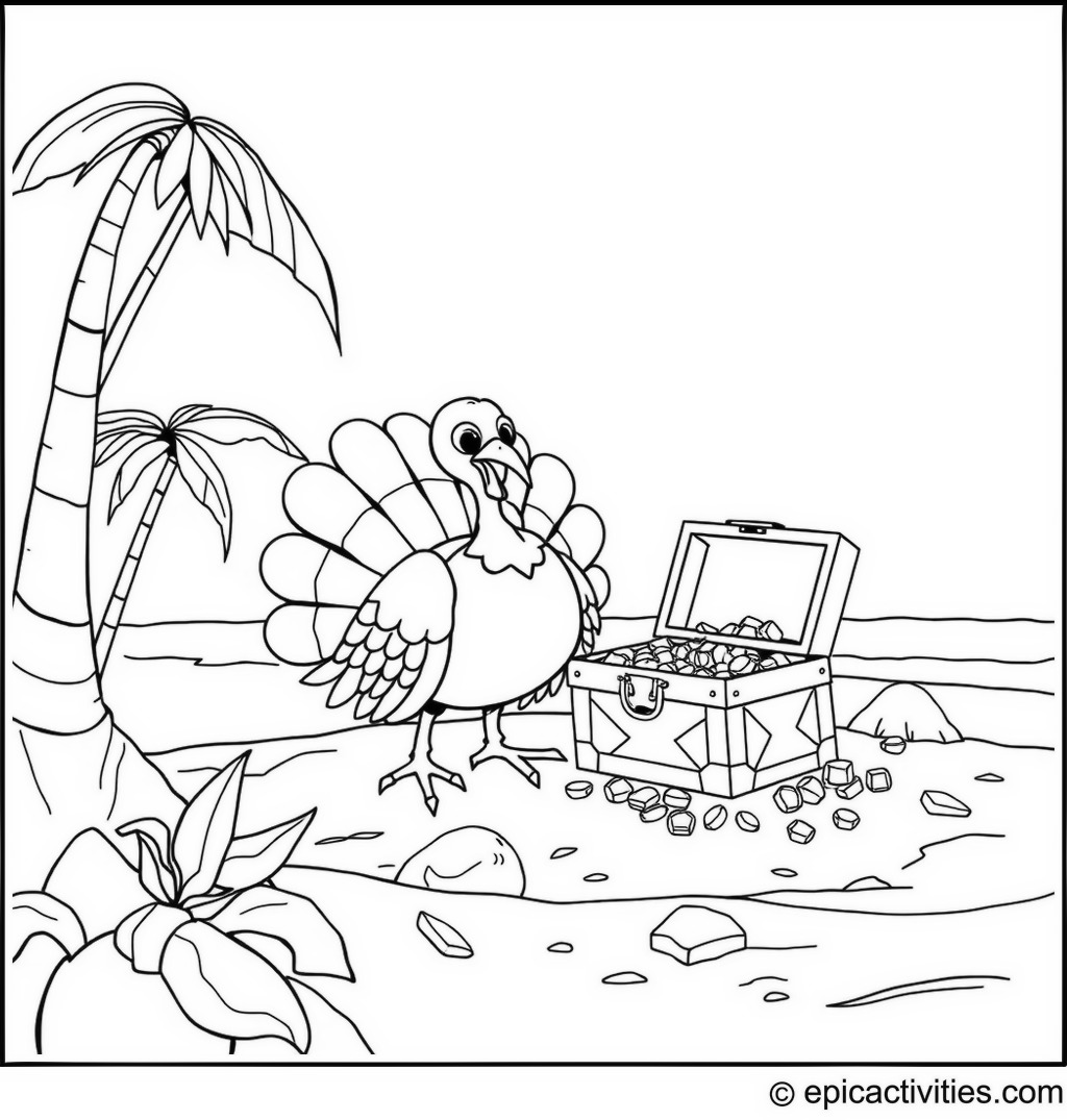 Coloring page of a cute turkey on a treasure hunt