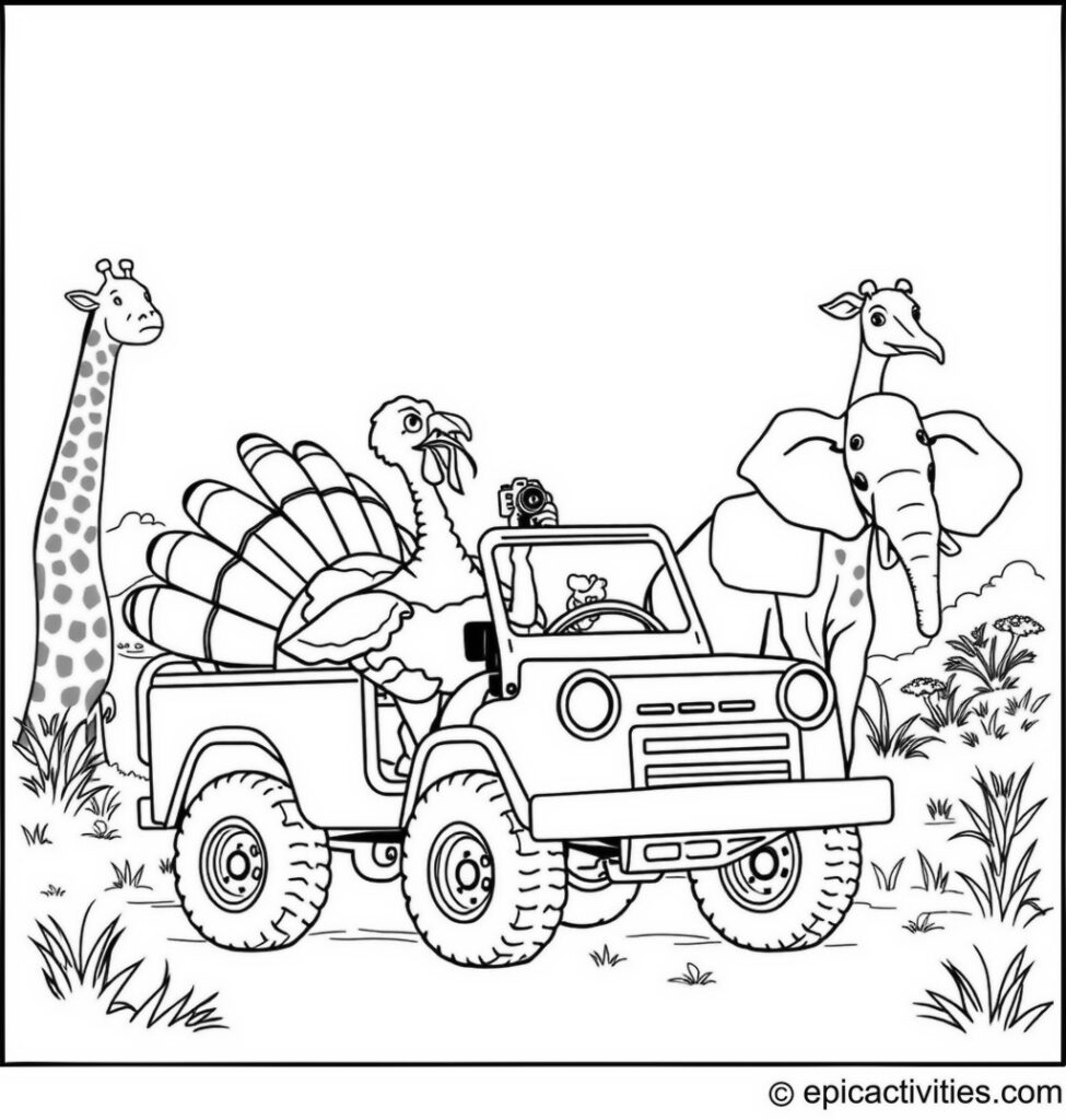 Coloring page of a Cute Turkey on Safari Driving a Jeep with Giraffes and Elephants