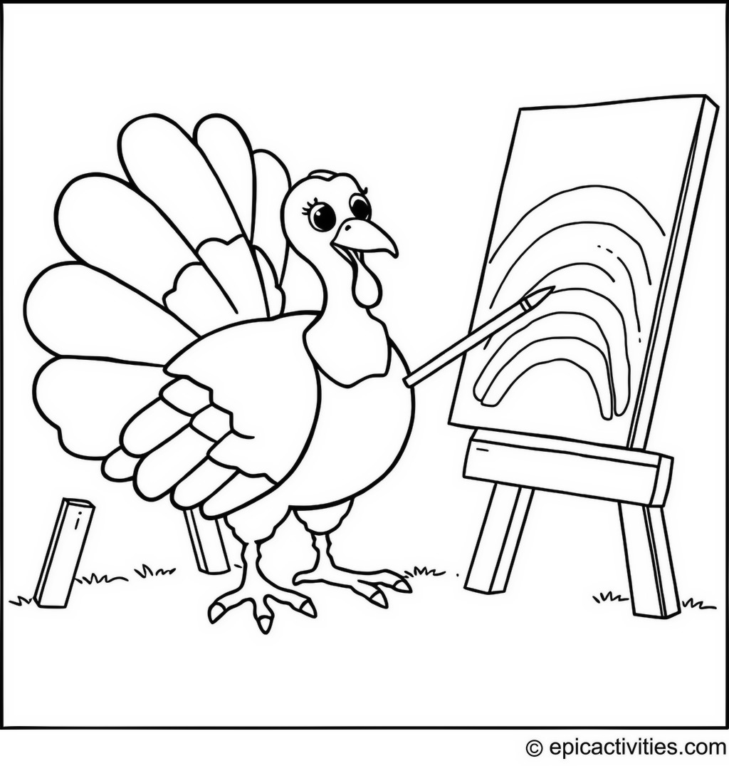 Coloring page of a cute turkey painting a colorful rainbow