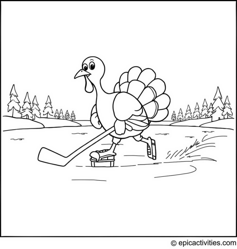 Coloring page of a cute turkey playing hockey on a frozen lake