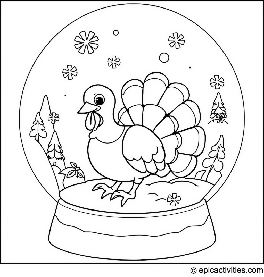 Coloring page of a cute turkey playing in a magical snow globe