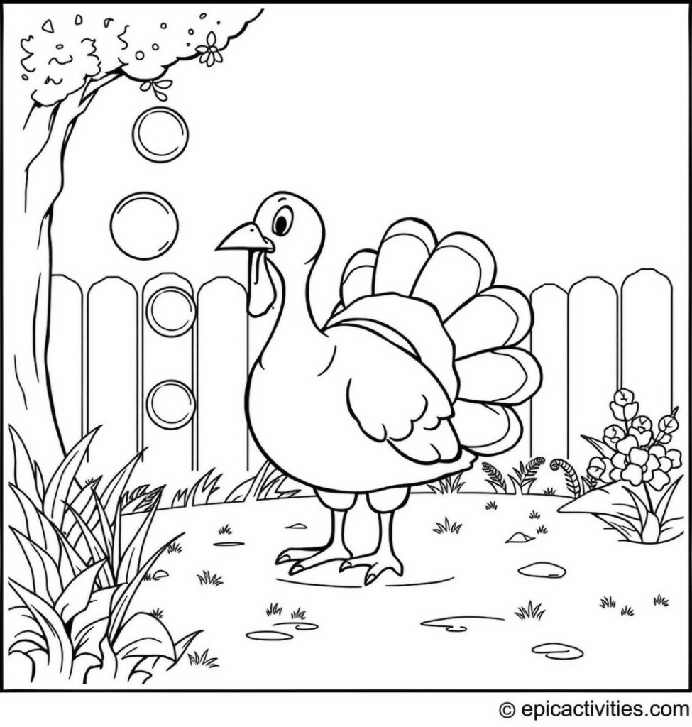 Coloring page of a Cute Turkey Playing with Bubbles in a Backyard