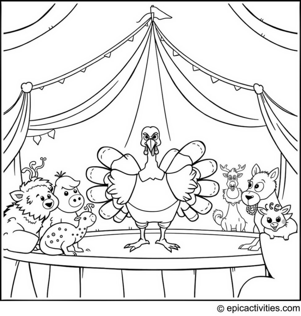 Coloring page of a Cute Turkey Ringmaster at the Circus
