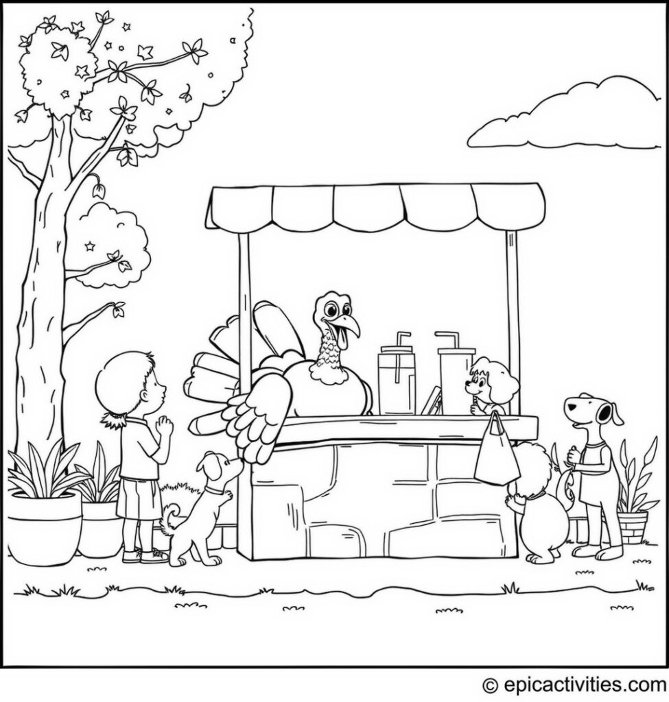 Coloring Page of a Cute Turkey Running a Lemonade Stand on a Sunny Day