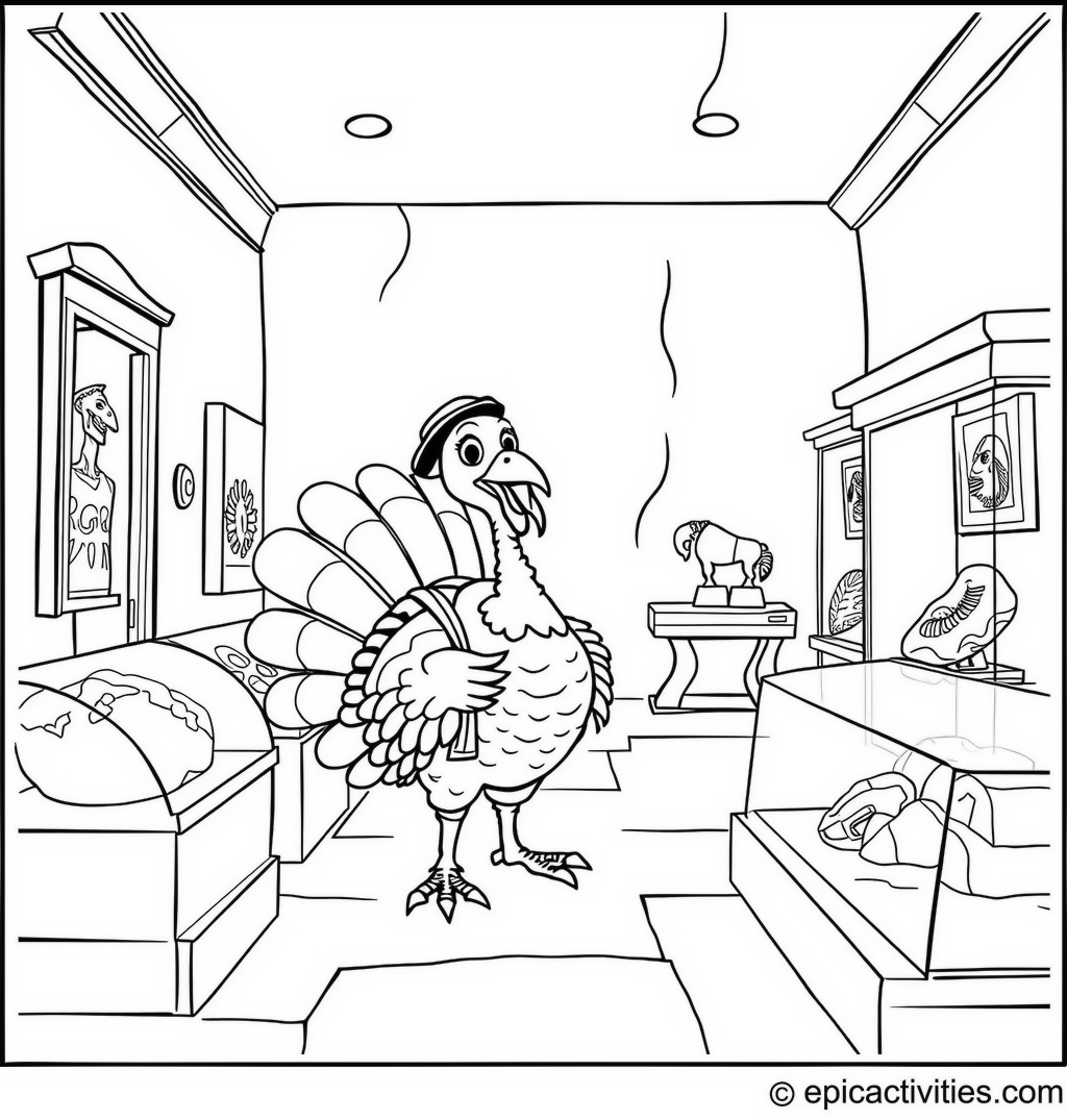 Coloring page of a Cute Turkey Tour Guide in a Historical Museum