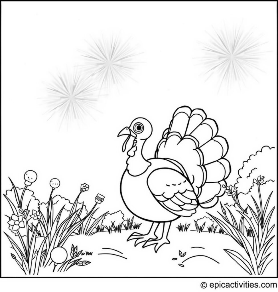 Coloring page of a cute turkey watching fireworks on a summer night