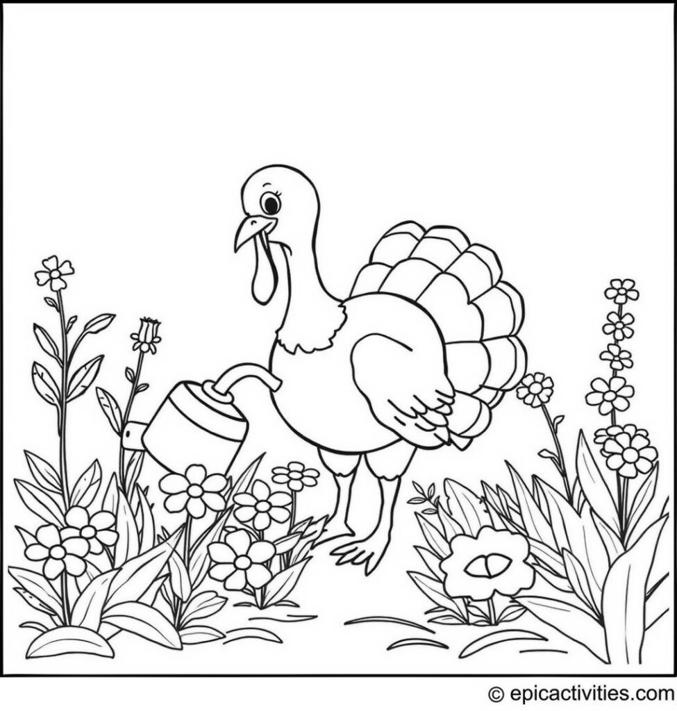 Coloring page of a Cute Turkey Watering Flowers in a Garden