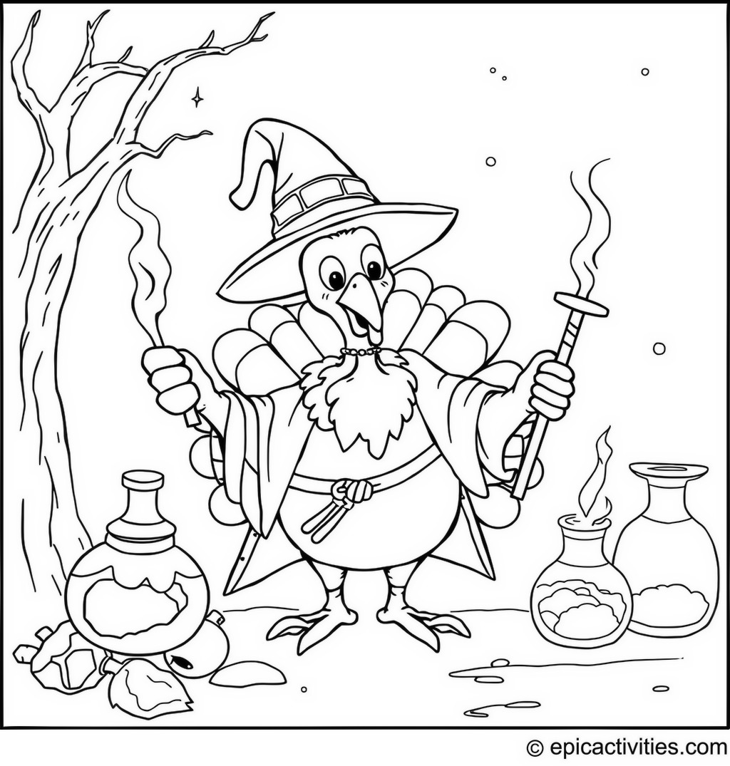 Coloring page of a cute turkey wizard in a mystical realm