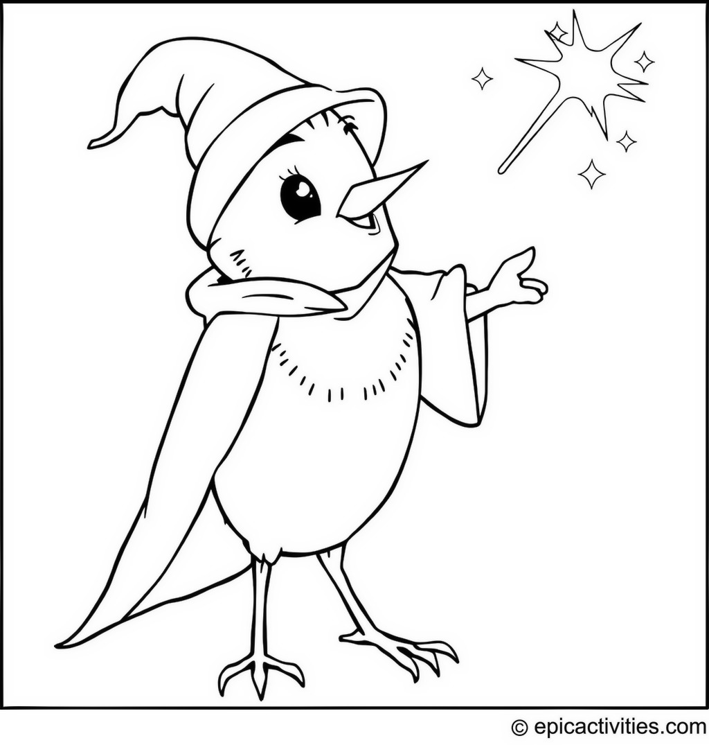 Coloring page of a Cute Wizard Robin Casting a Spell