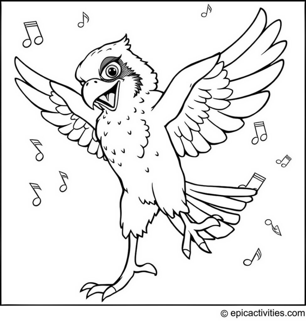 Coloring page of a dancing falcon with musical notes
