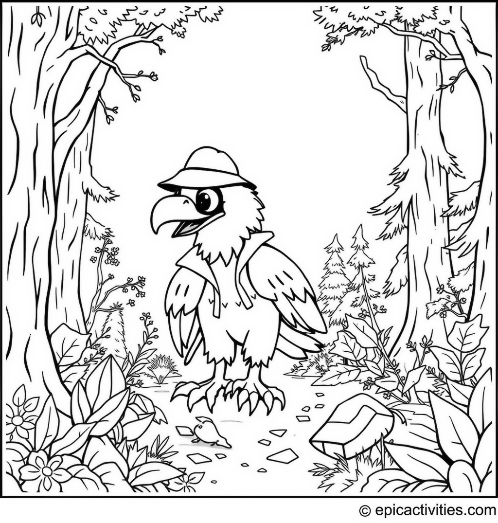 Coloring page of a Detective Eagle in an Enchanted Forest