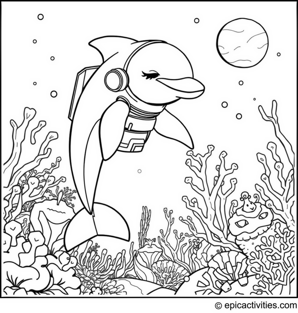 Coloring page of a Dolphin Astronaut in an Alien Underwater World